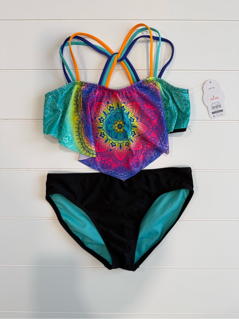 wonder nation Multicolor Mandala Ruffle Tankini with Black Bottoms